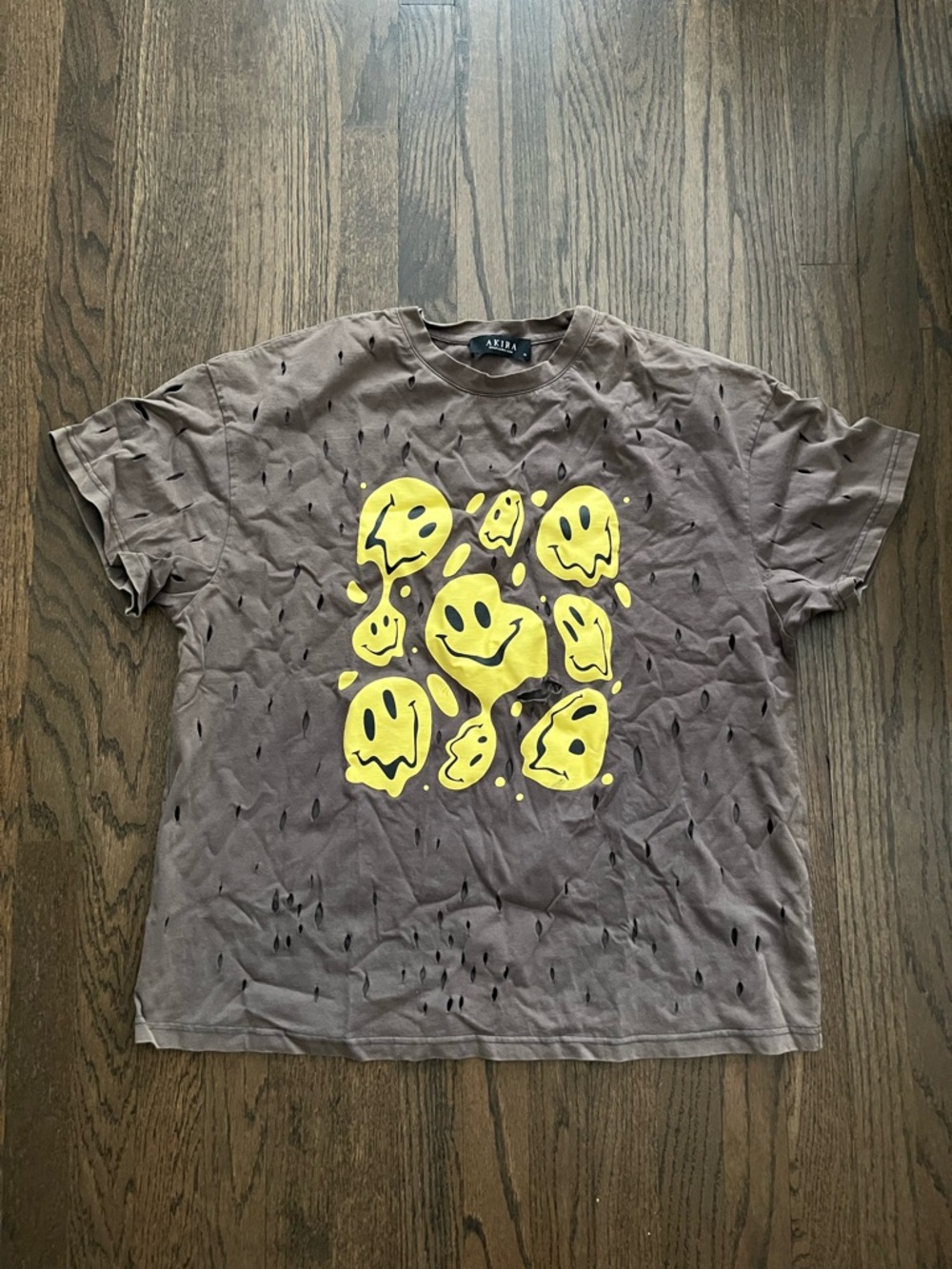 AKIRA Brown Tee with Yellow Melting Smiley Graphic